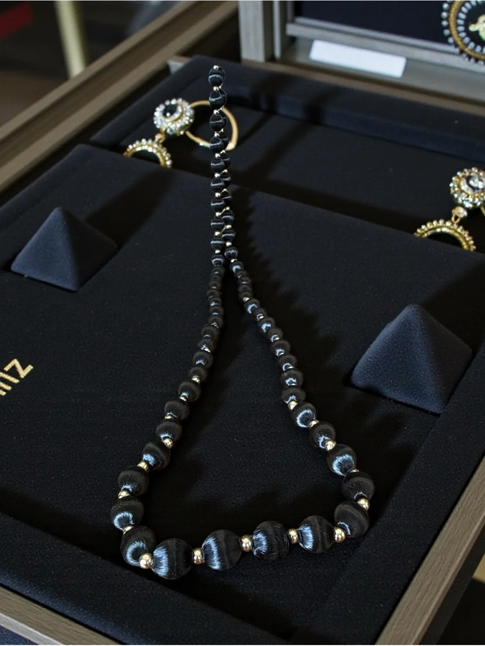 Vintage Black Satin Wrapped Bead Necklace 30” + Gold Tone Spacers 70s 80s